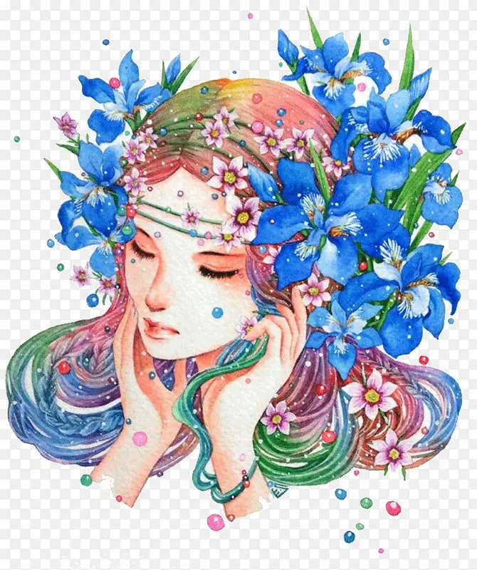 少女和蓝色鲜花