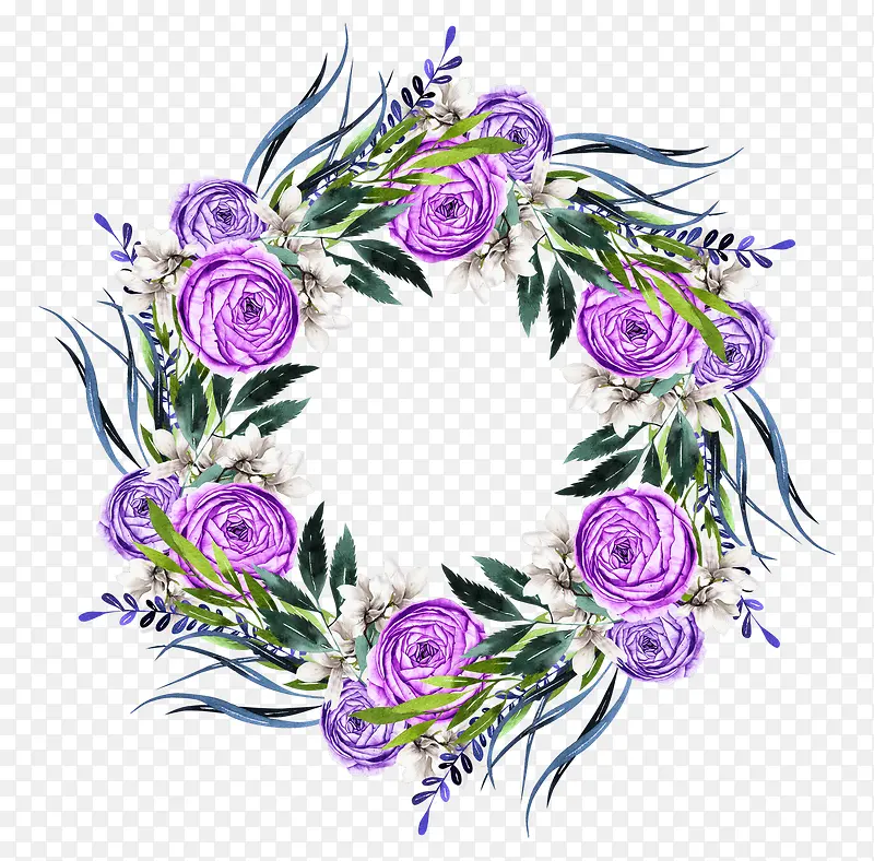 紫色手绘水彩鲜花花环