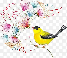 手绘彩色花朵黄色小鸟