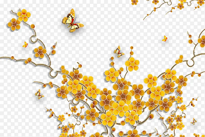 手绘黄色花朵蝴蝶树枝