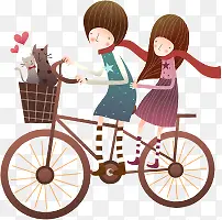 卡通男孩女孩自行车情侣