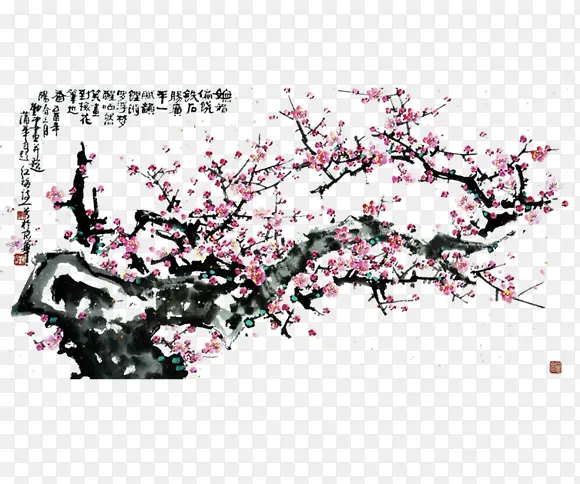 粉红色的桃花高清水墨风格