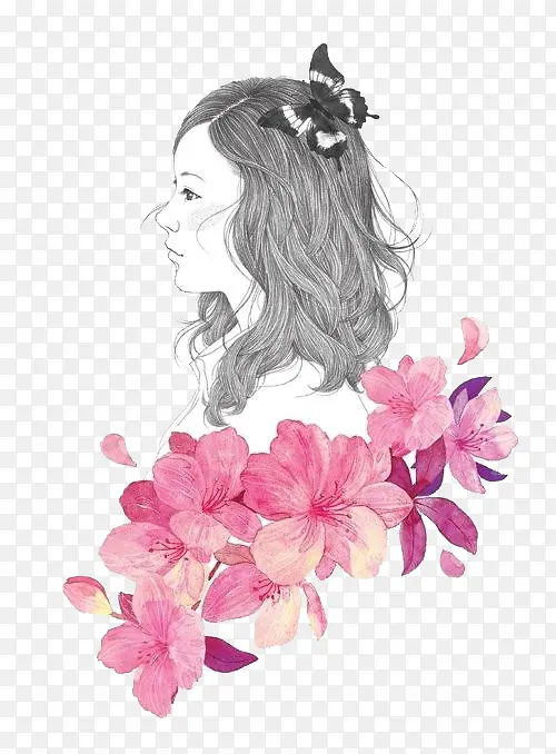 手绘文艺少女鲜花