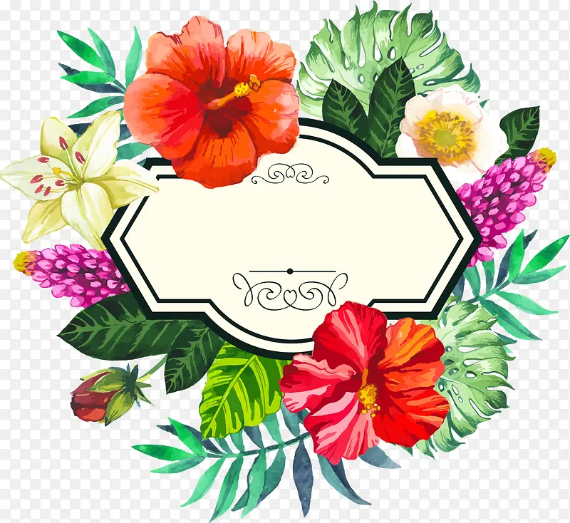 手绘水彩热带花朵边框