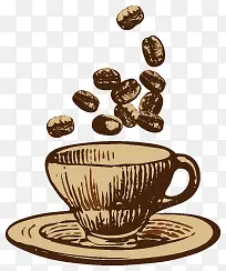 手绘咖啡杯和咖啡豆