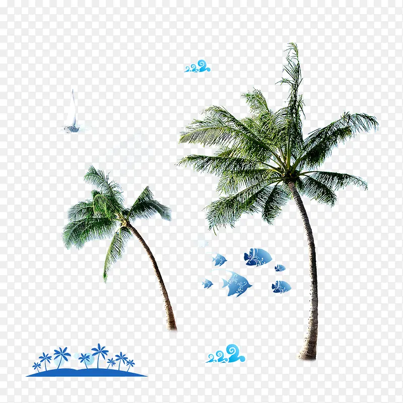 海边椰子树卡通小鱼