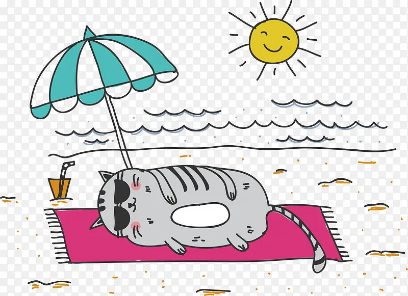 矢量手绘沙滩猫咪漫画