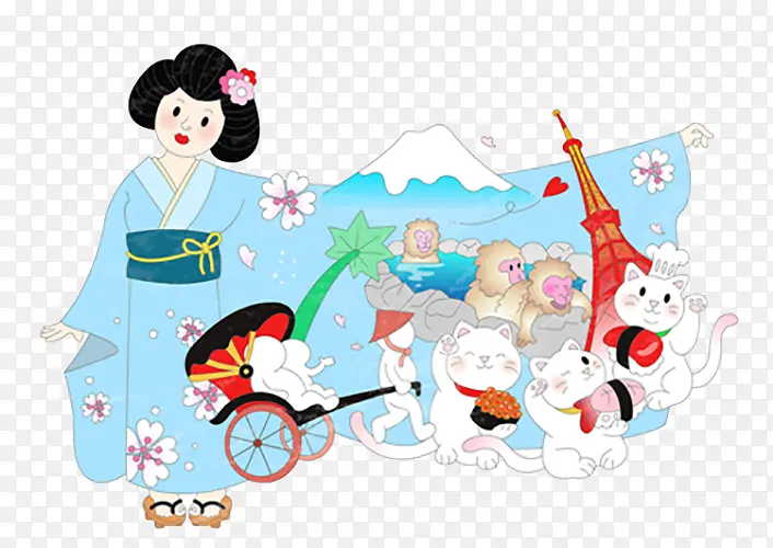 手绘日本女孩旅游出行插画