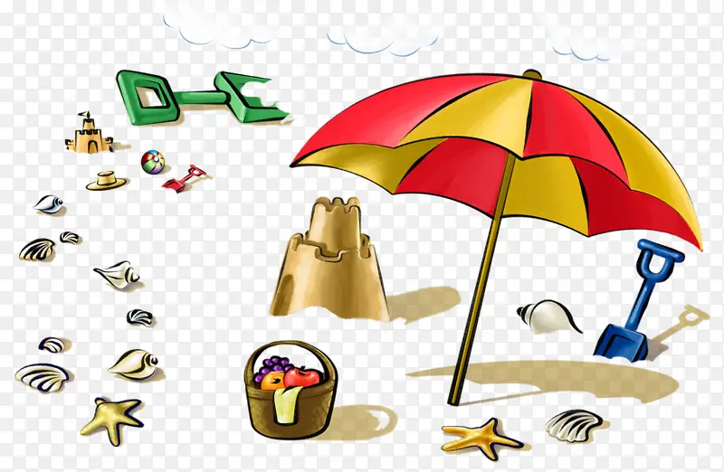 卡通手绘太阳伞贝壳沙滩