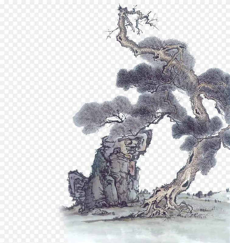 中国风岩石松树