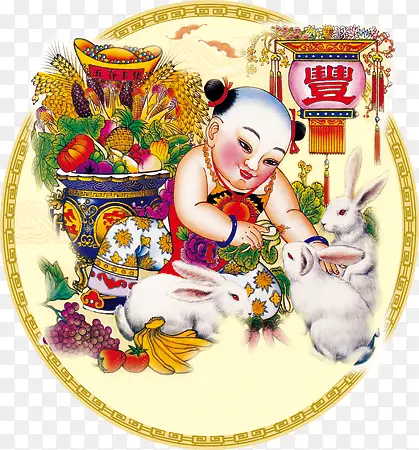 中秋节古典童子白兔丰收图