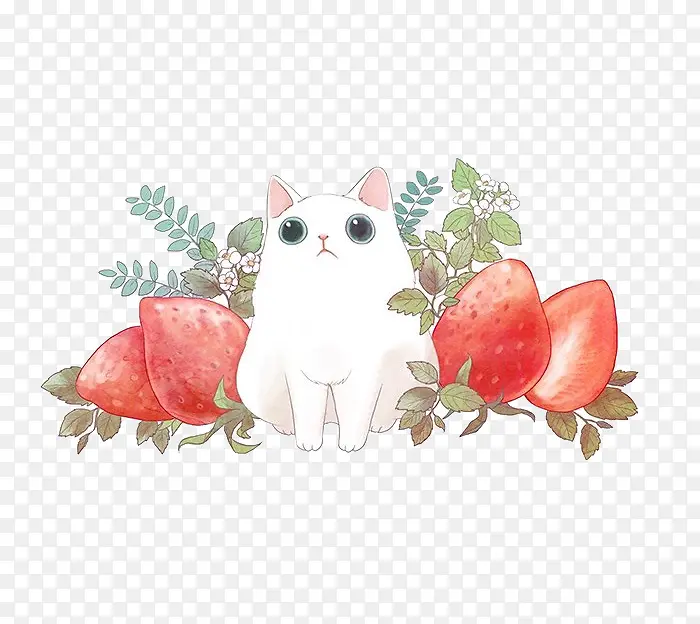 卡通白色小猫和草莓