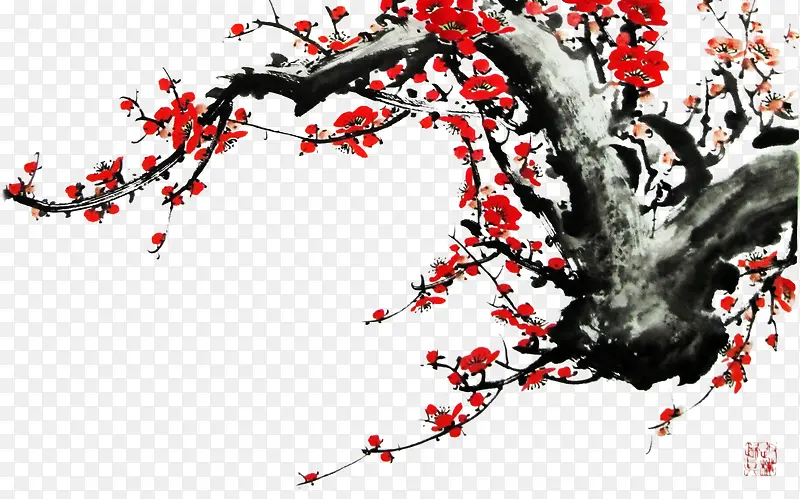 水墨画红色梅花