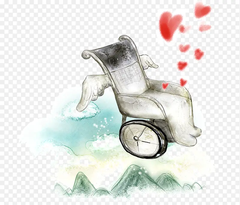 卡通手绘翅膀漂浮心形轮椅