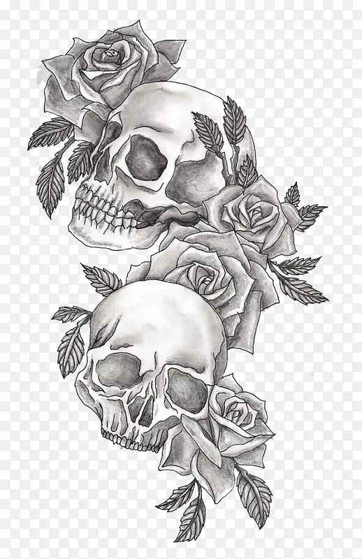 黑白灵异骷髅与玫瑰