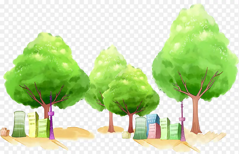 手绘插画绿色大树建筑物