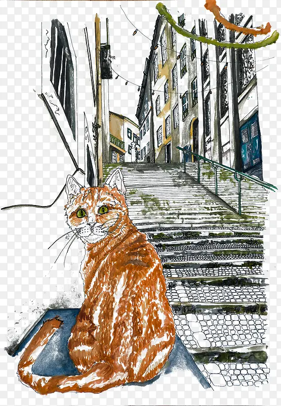 手绘小猫建筑物和台阶