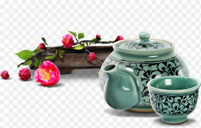 高清摄影绿色复古花纹茶杯红色花朵