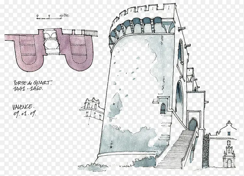 手绘建筑风景线描
