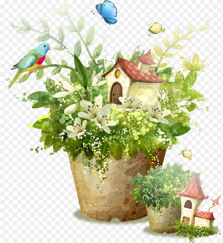 手绘花朵植物小鸟蝴蝶