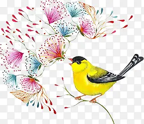 春天水彩手绘小鸟植物