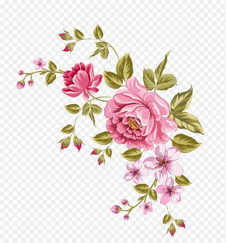 粉色手绘花朵绿叶装饰图案