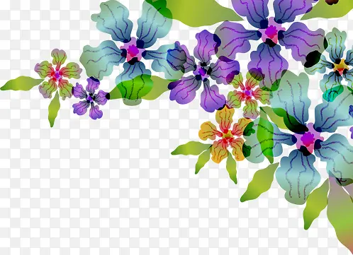 手绘蓝紫色花朵绿叶装饰
