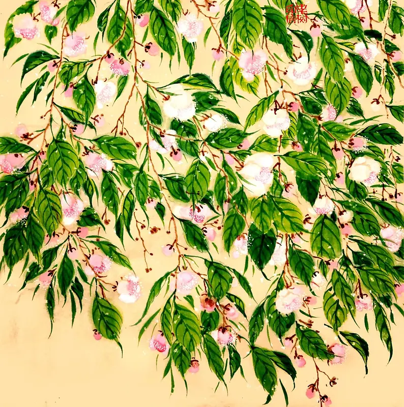 中国风手绘粉花绿叶
