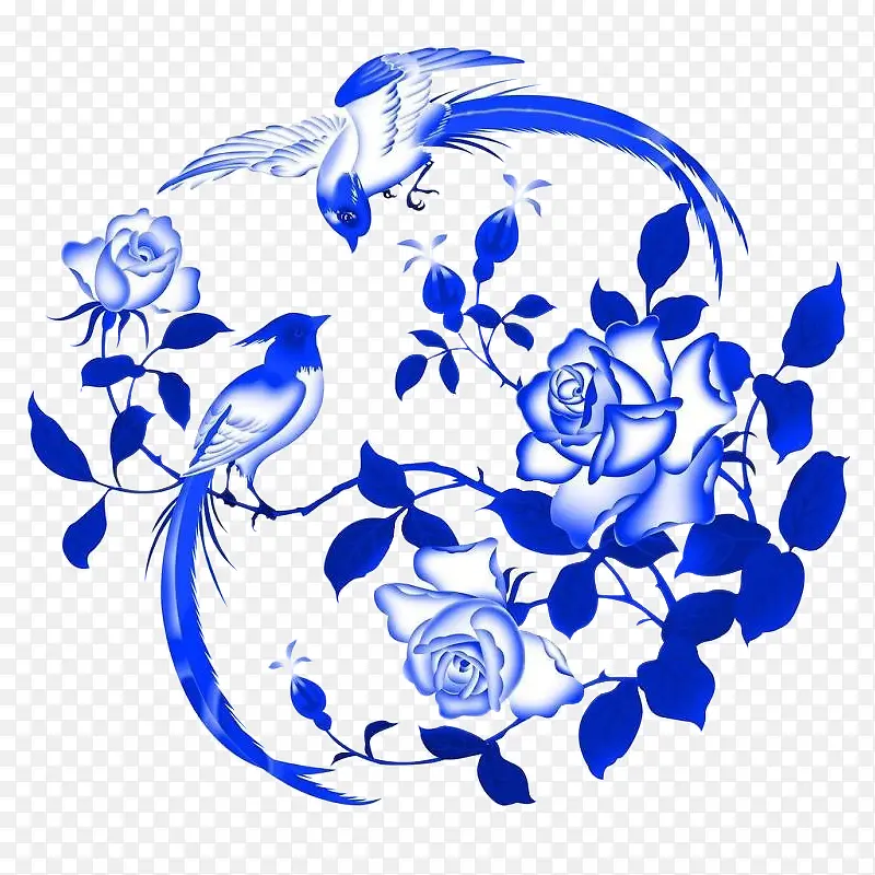 蓝色花朵 牡丹花 蓝色 鸟 png素材