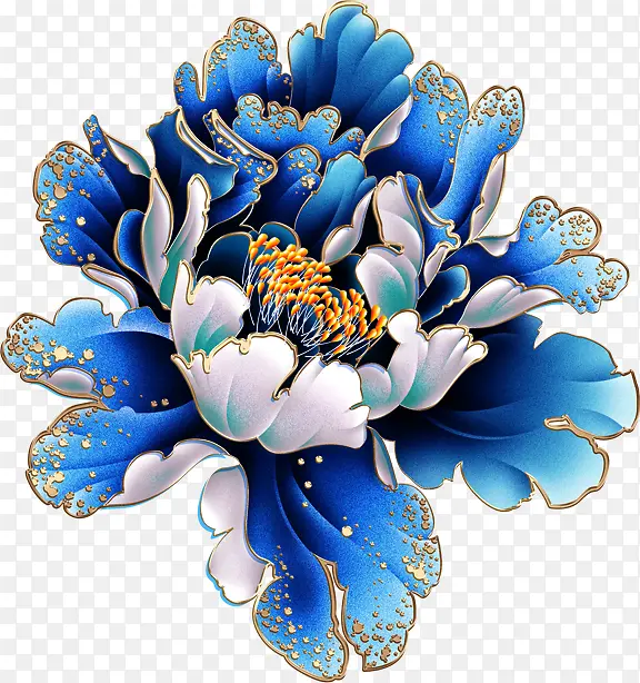 蓝色花卉手绘牡丹中秋