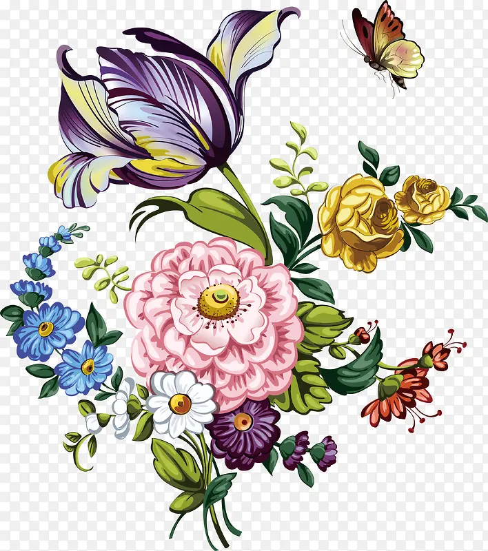 手绘牡丹花朵植物彩色蝴蝶