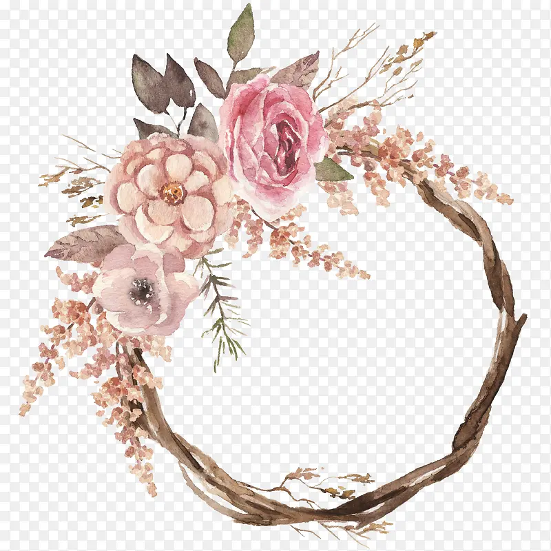 手绘水彩花朵图案装饰花环