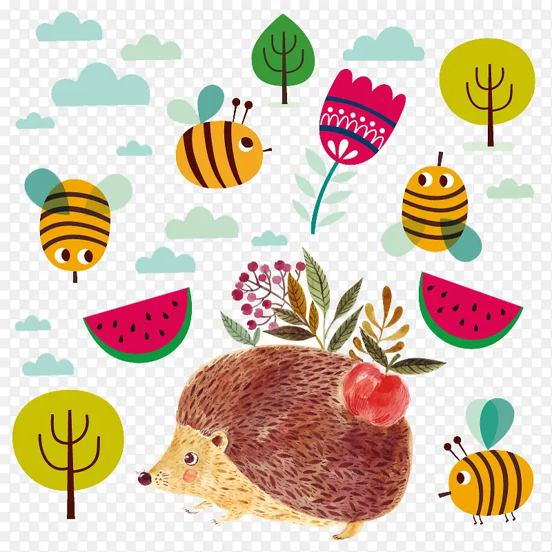 可爱水彩刺猬和蜜蜂矢量