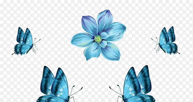 水彩手绘蓝色蝴蝶花朵装饰