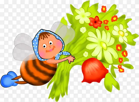 卡通小蜜蜂和鲜花
