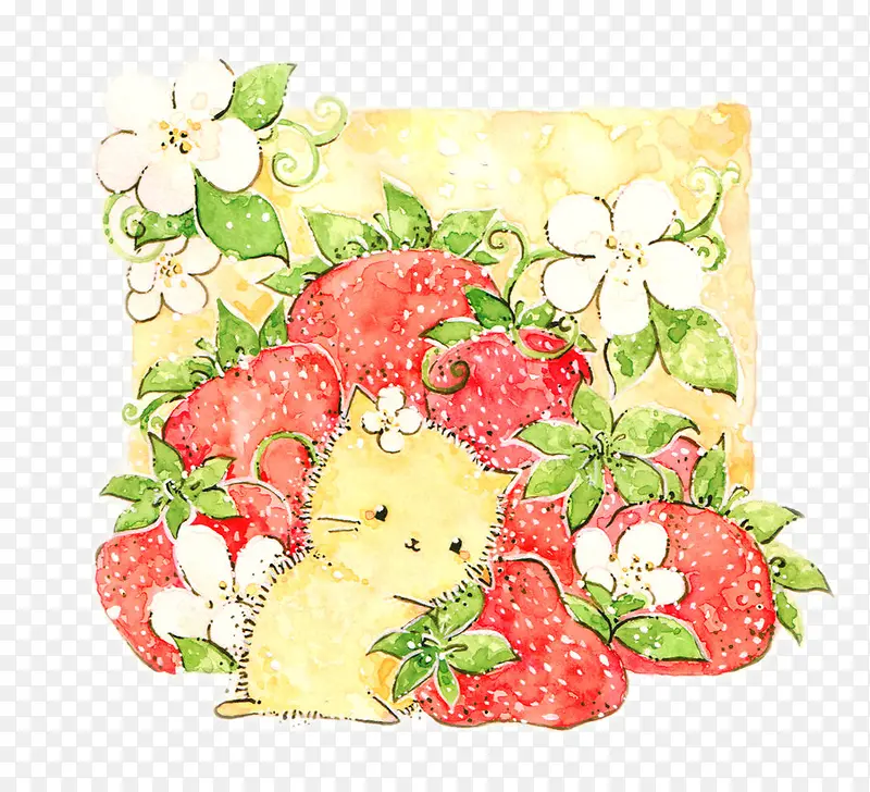 抱着草莓的黄色小猫素材