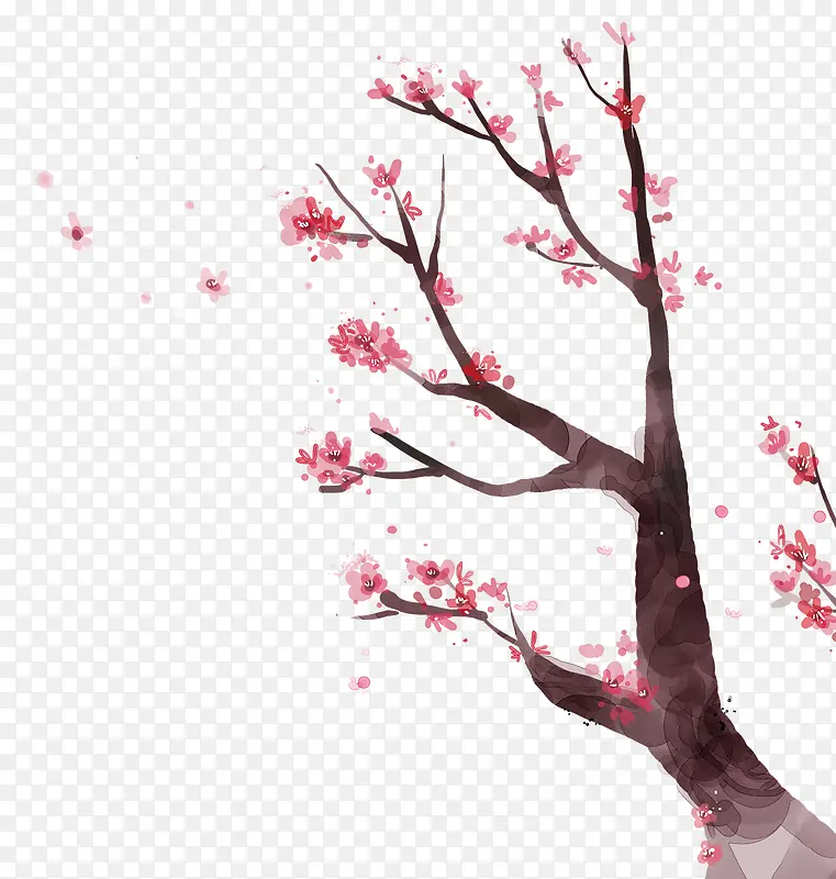 红色清新桃花树装饰图案