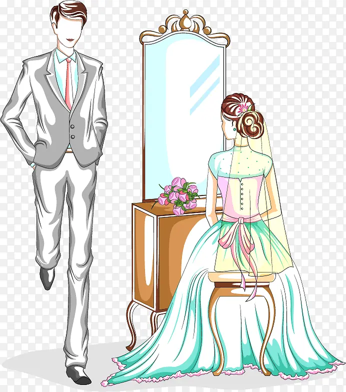 七夕情人节新郎新娘手绘
