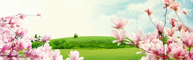 手绘粉色桃花草地美景