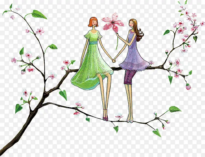 手绘在桃树上玩耍的两女孩