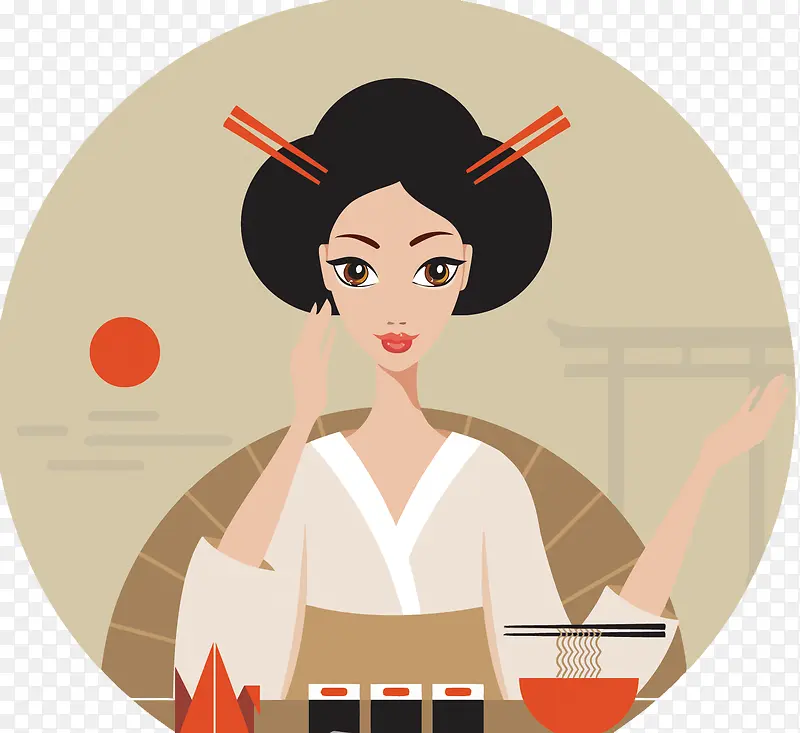 矢量日本艺妓吃寿司