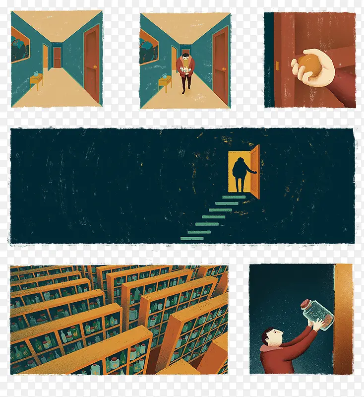 六格卡通手绘创意插画