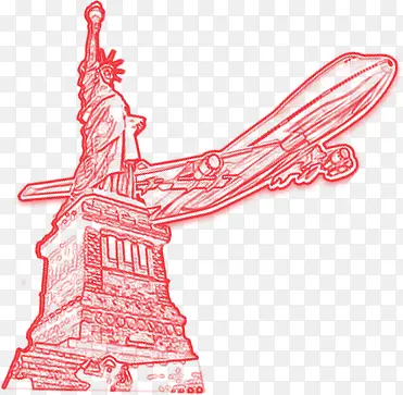 红色手绘飞机旅行自由女神像