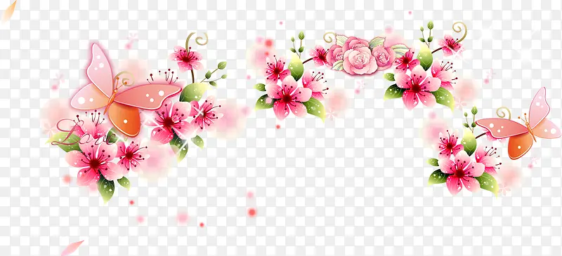 粉色手绘花朵蝴蝶风景