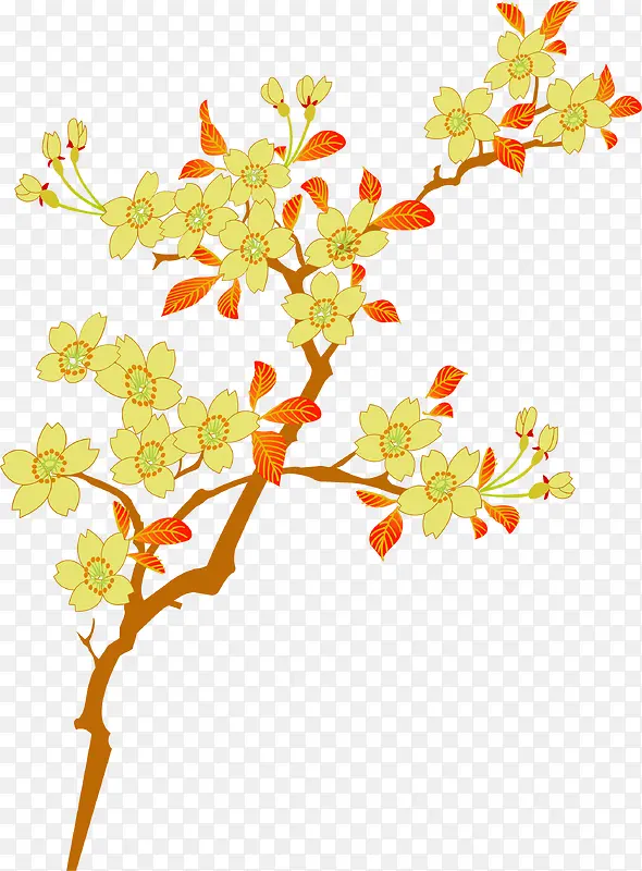 手绘黄红色花朵树枝