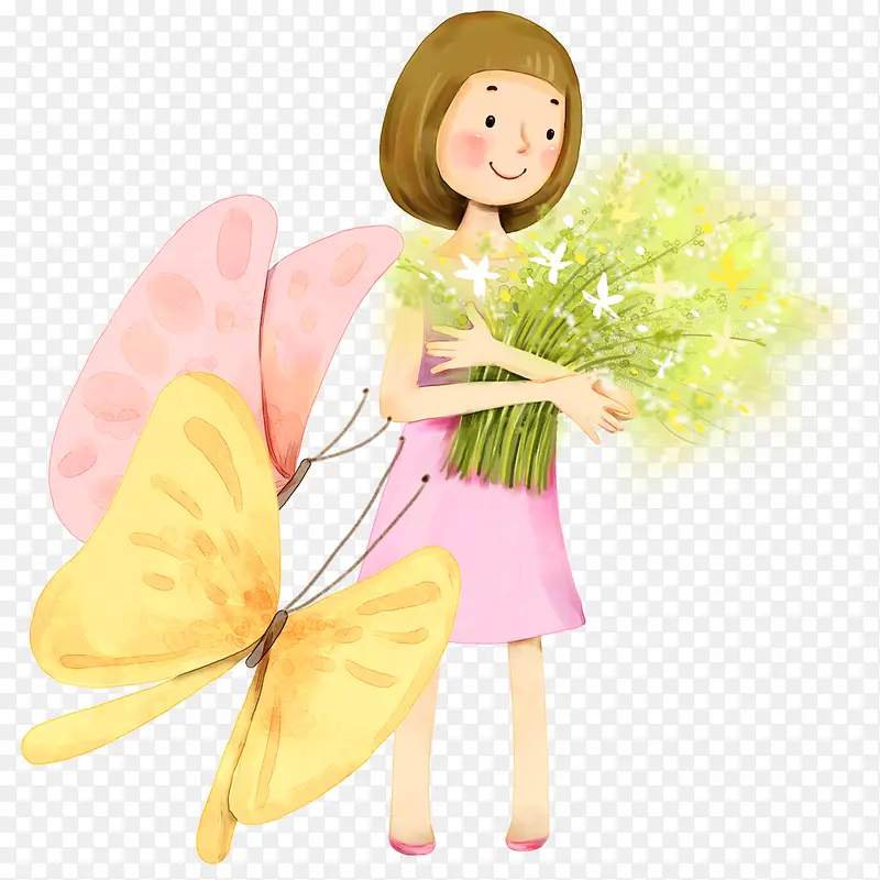 蝴蝶和抱着一束花的女孩