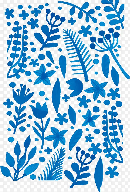 蓝色水彩植物图案矢量图