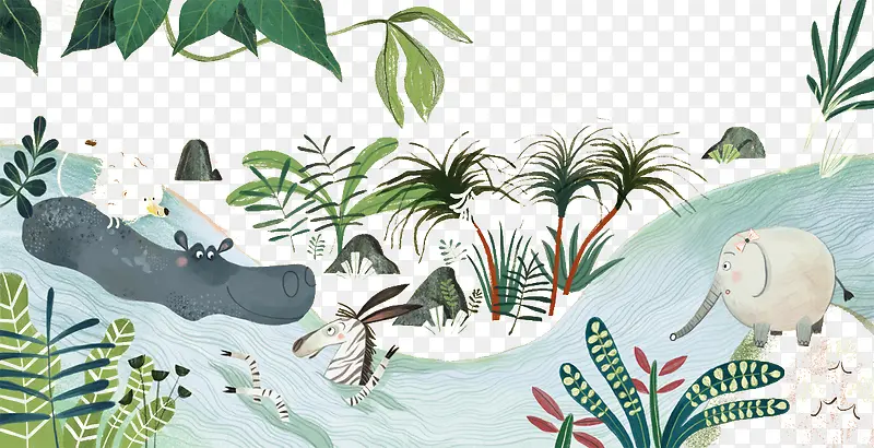 手绘卡通动物和植物图案