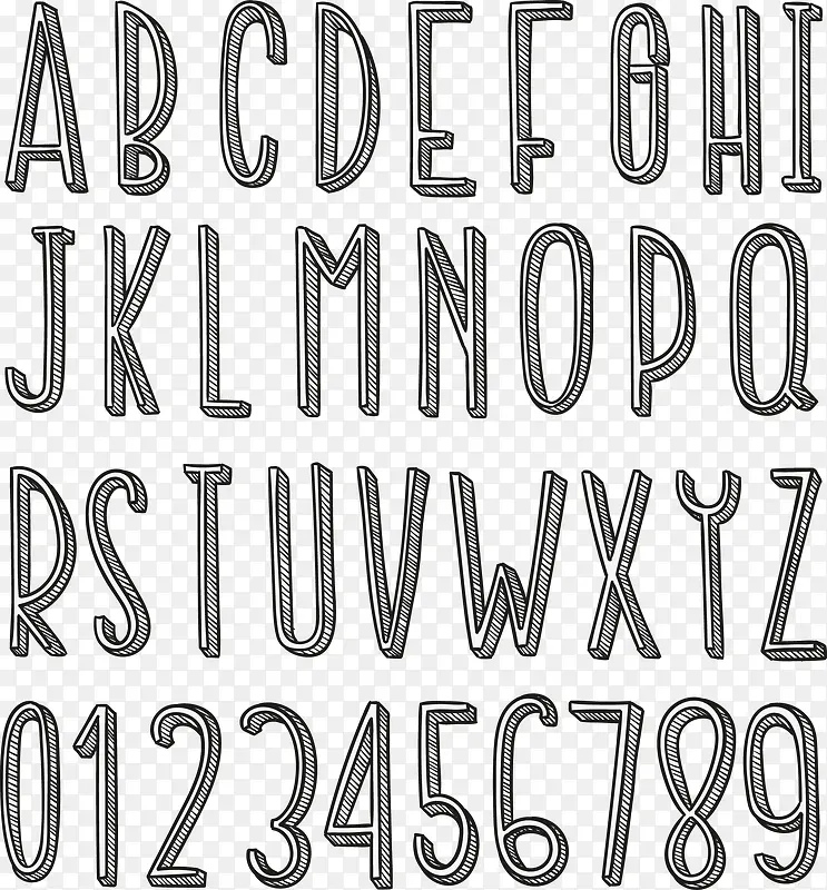 矢量手绘英文字母和阿拉伯数字