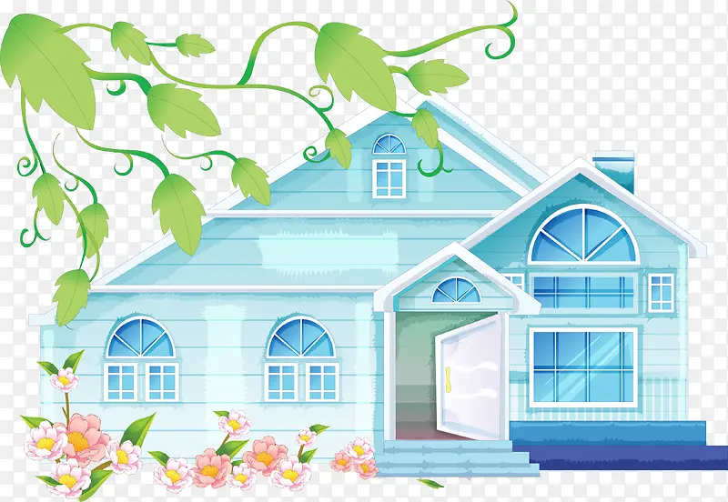 房子 水彩 透明房子 绿叶png素材